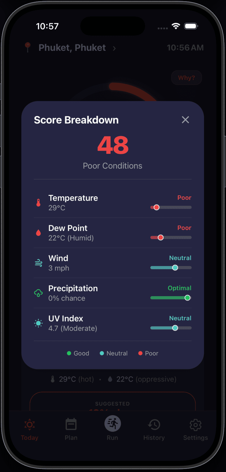 RunWeather app showing detailed breakdown of run score factors