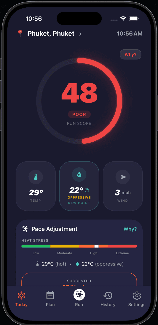 RunWeather app showing run score and weather conditions
