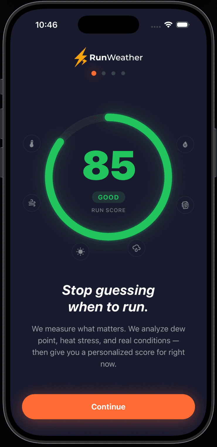 RunWeather app showing hourly forecast and run suitability