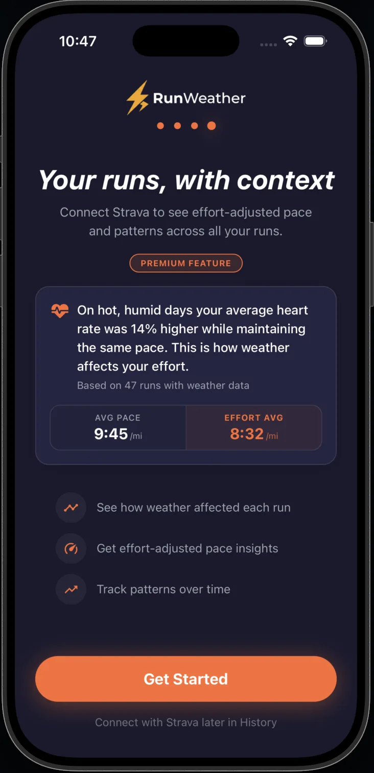 RunWeather app showing Strava history with weather context